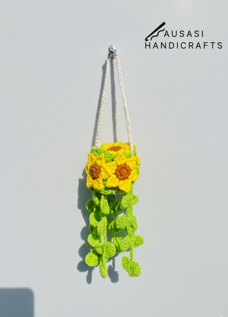 Crochet Sunflower Hanging Pot (Dark Green)