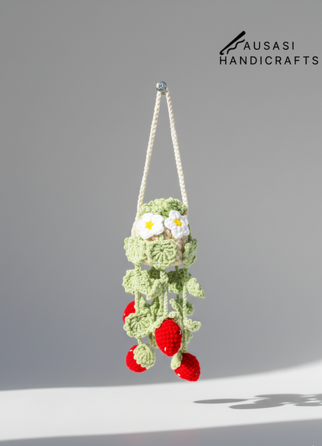 Crochet Strawberry Hanging ( Light Green Leaf)