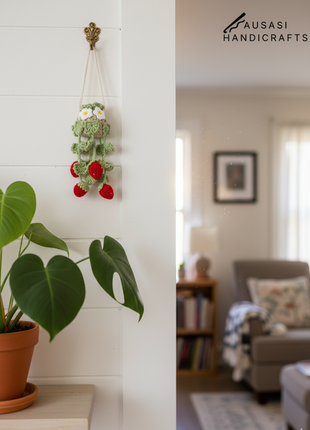 Crochet Strawberry Hanging ( Light Green Leaf)