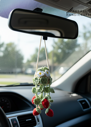 Crochet Strawberry Hanging ( Light Green Leaf)