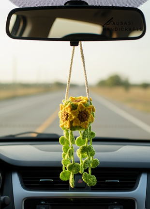 Crochet Sunflower Hanging Pot (Dark Green)