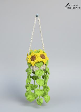 Crochet Sunflower Hanging Pot (Dark Green)