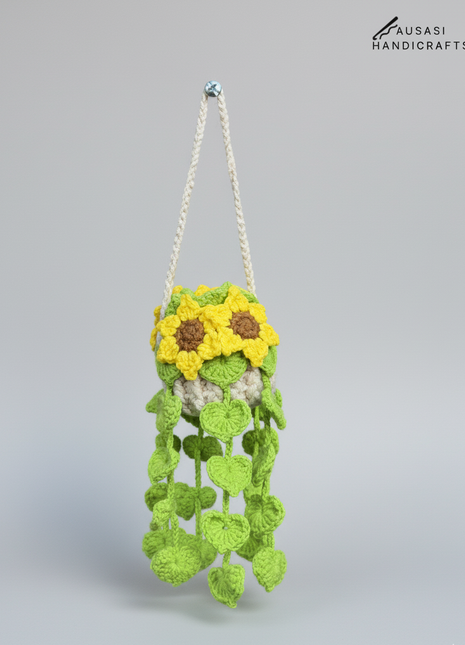 Crochet Sunflower Hanging Pot (Dark Green)